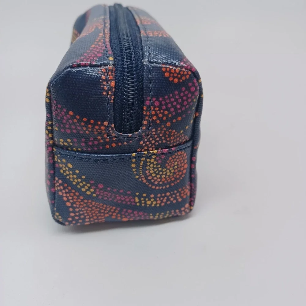 Fossil Blue Dot Swirl Coated Canvas Small Makeup Pouch Coin Bag Brass Ring Pull